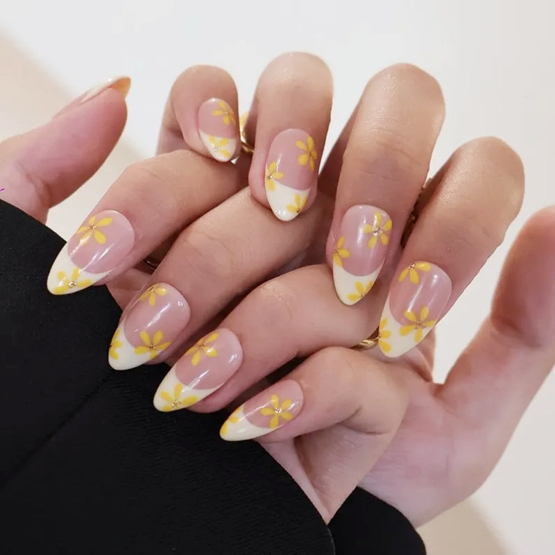 Siva Nail, Sunny Daisy French  – Yellow Accent Set Handmade Press on Nails