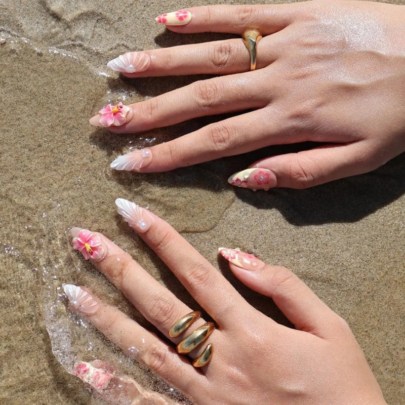 Siva Nail, Tropical Hibiscus & Pearl Shell  Almond  Handmade Press on Nails