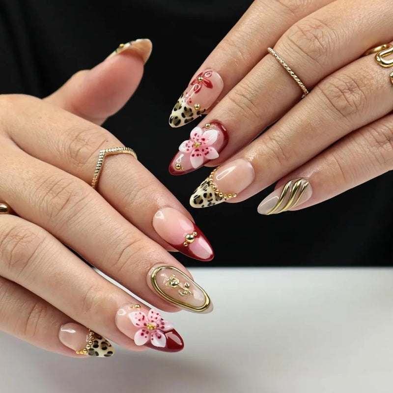 Siva Nail,Tropical Leopard Luxe – 3D Floral & Leopard-Print Handmade Press on Nails