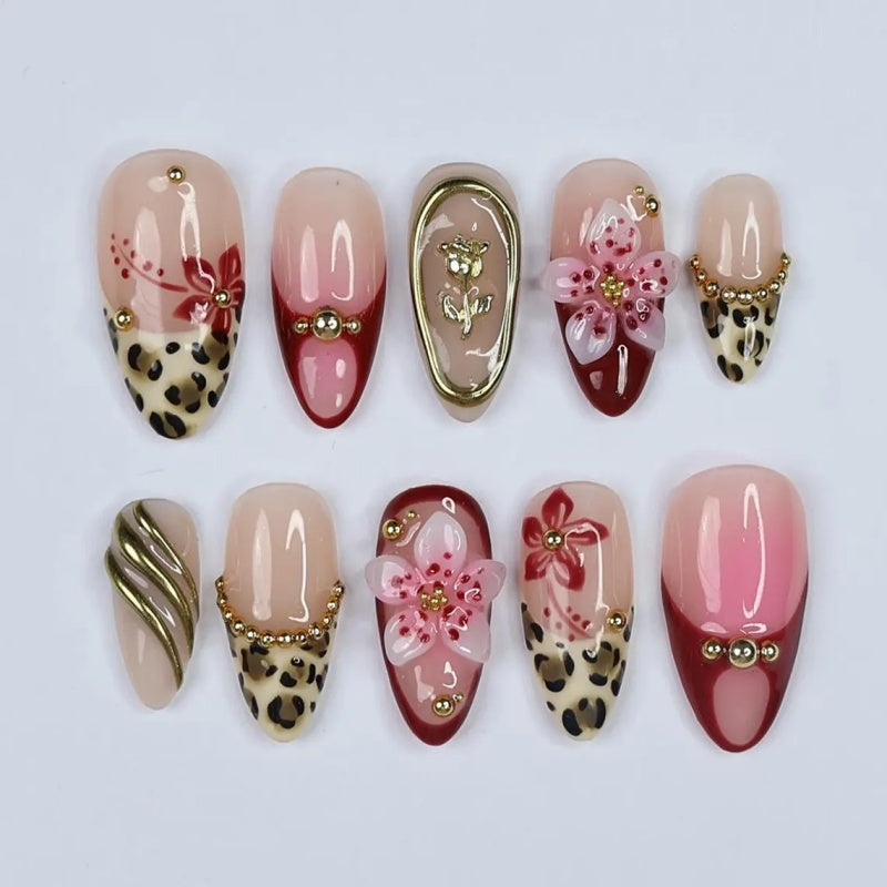 Siva Nail,Tropical Leopard Luxe – 3D Floral & Leopard-Print Handmade Press on Nails