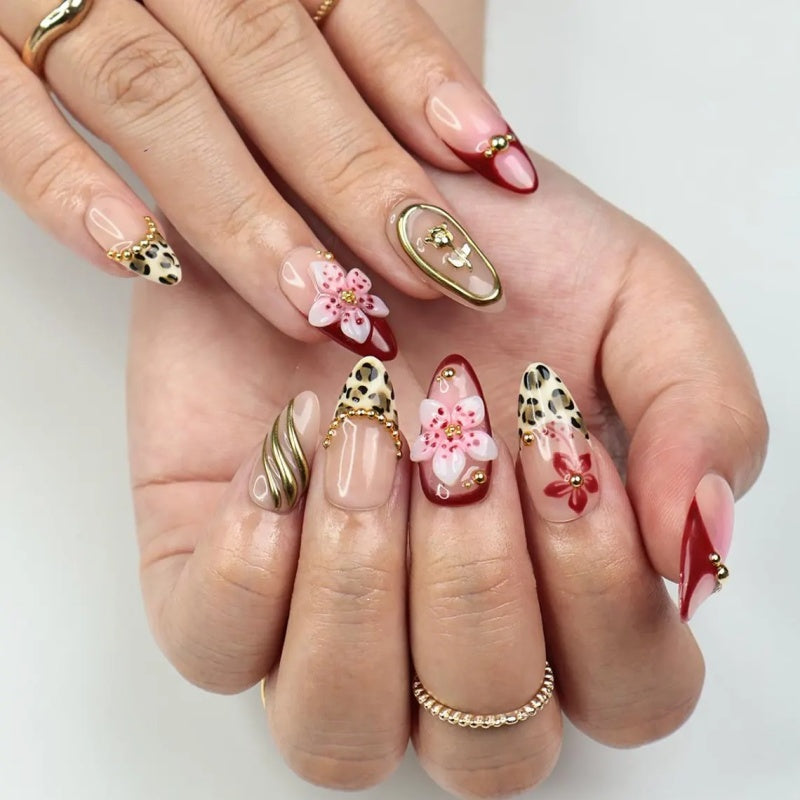 Siva Nail,Tropical Leopard Luxe – 3D Floral & Leopard-Print Handmade Press on Nails