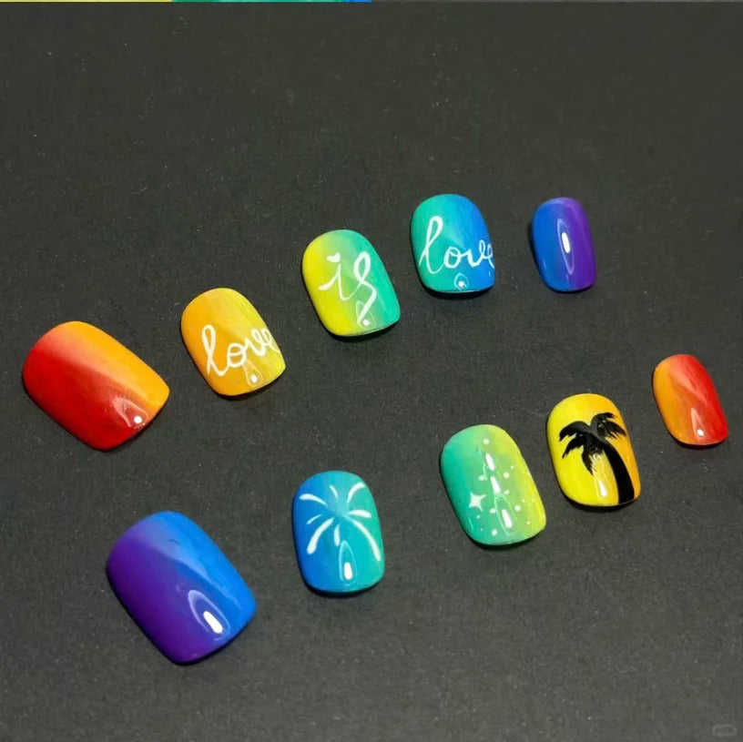 Siva Nail,Vibrant Rainbow Gradient with Abstract Line Art Handmade Press on Nails