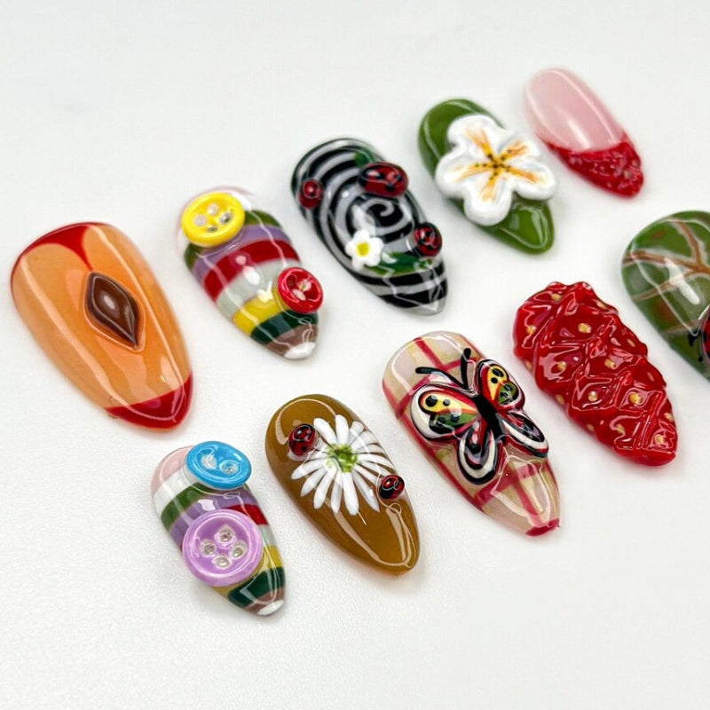 Siva Nail,Whimsical Cottagecore Garden  Strawberry & Ladybug Art Handmade Press on Nails