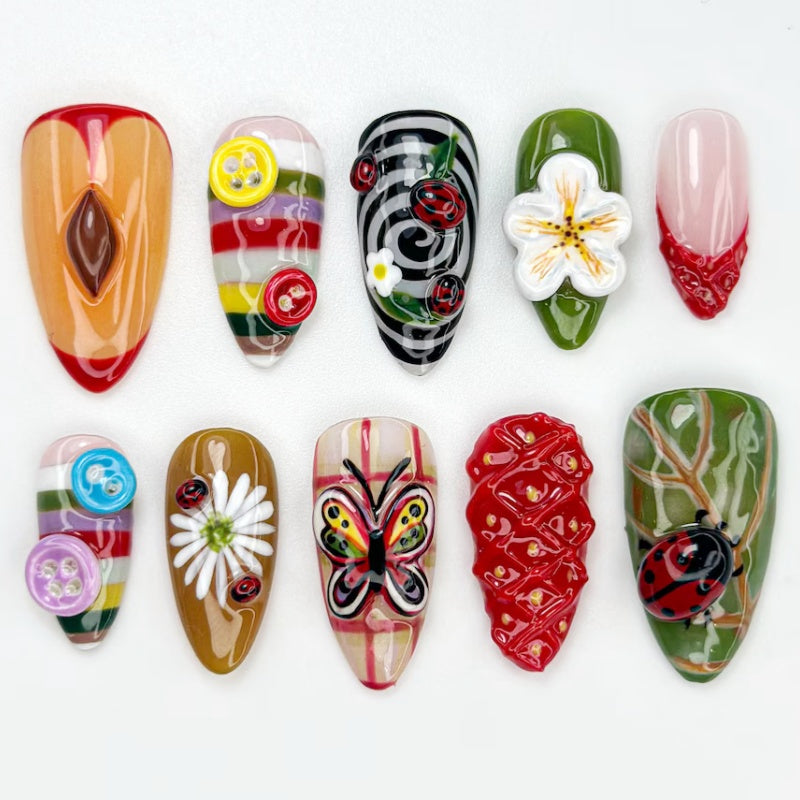 Siva Nail,Whimsical Cottagecore Garden  Strawberry & Ladybug Art Handmade Press on Nails